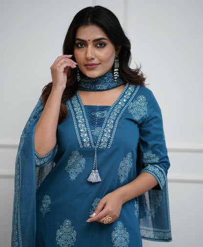 Teal Blue Handwork Cotton Kurta Pant Dupatta Set