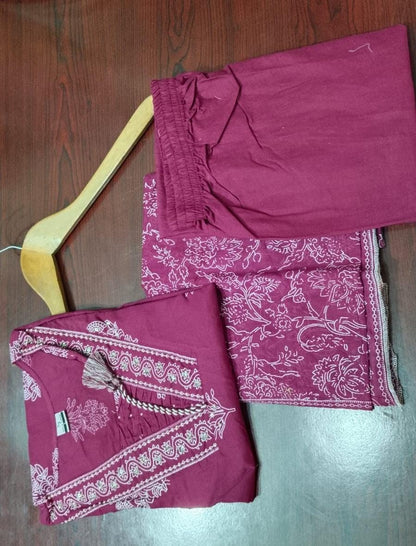 Maroon Handwork Cotton Kurta Pant Dupatta Set