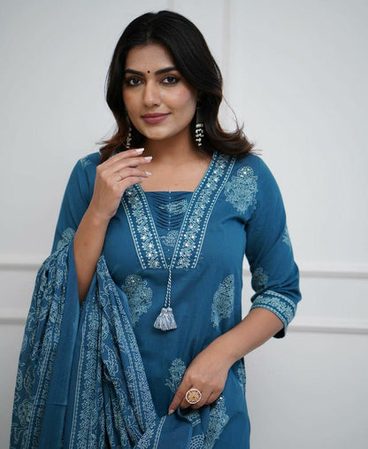Teal Blue Handwork Cotton Kurta Pant Dupatta Set