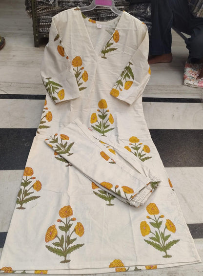 White Yellow Floral Printed Cotton Kurta Pant Set