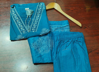 Teal Blue Handwork Cotton Kurta Pant Dupatta Set