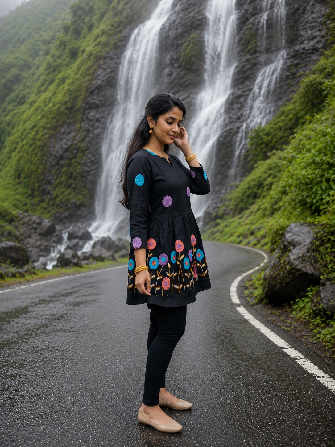 Black Embroidered Cotton Peplum Kurta