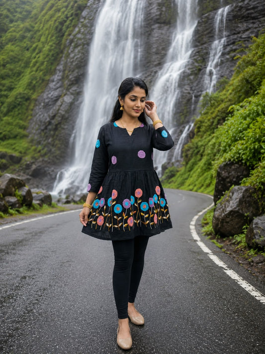 Black Embroidered Cotton Peplum Kurta