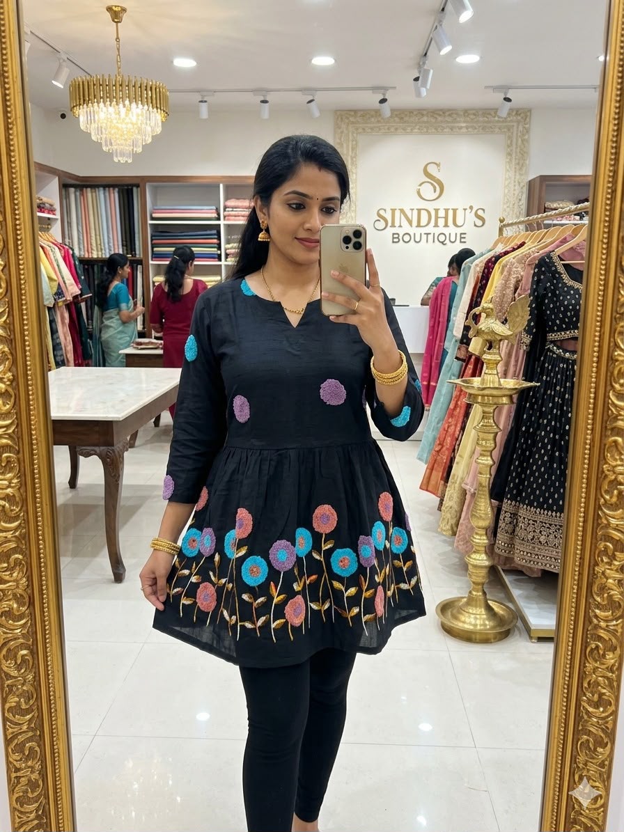 Black Embroidered Cotton Peplum Kurta