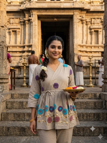 Grey Embroidered Cotton Peplum Kurta