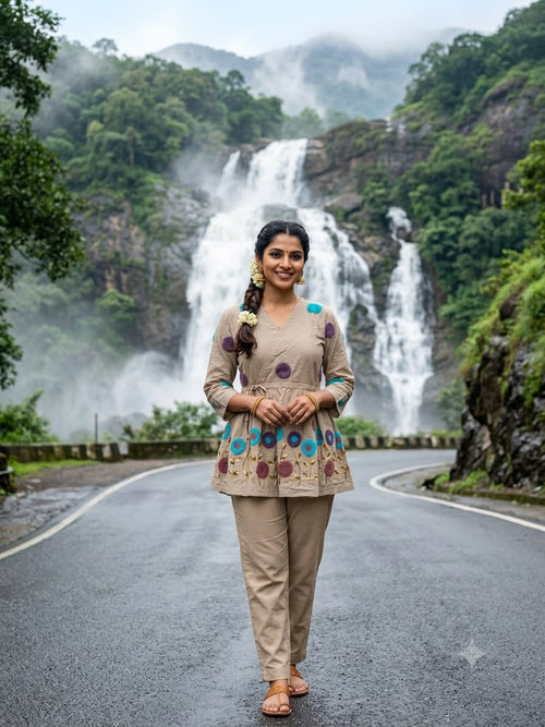 Grey Embroidered Cotton Peplum Kurta