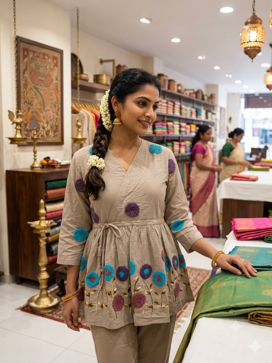 Grey Embroidered Cotton Peplum Kurta