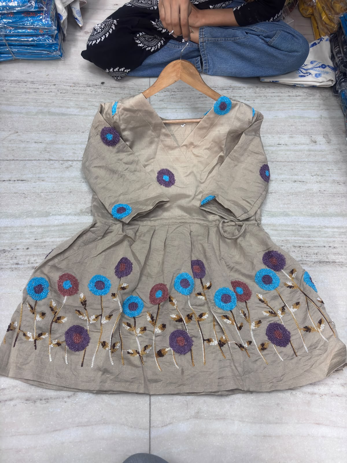 Grey Embroidered Cotton Peplum Kurta
