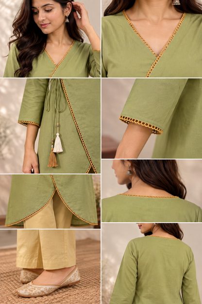 Mehendi Green Angrakha Short Kurta Set with Lace Border Work