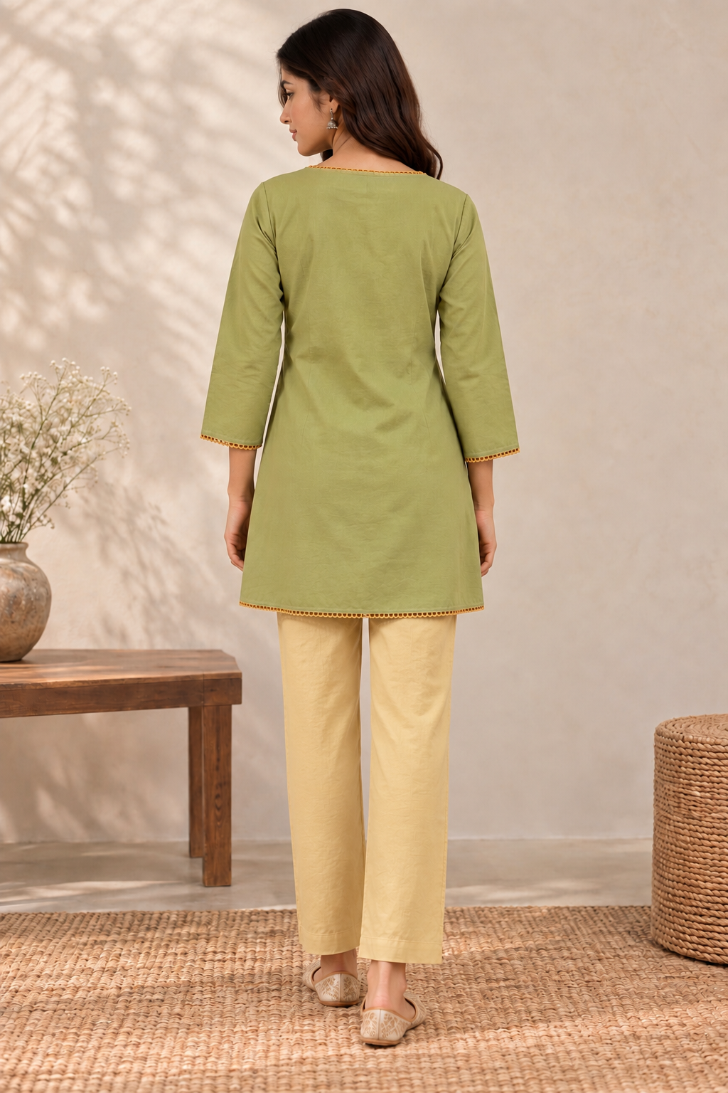 Mehendi Green Angrakha Short Kurta Set with Lace Border Work