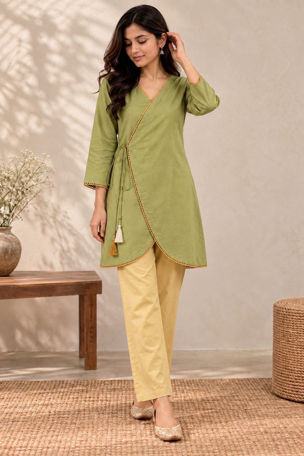 Mehendi Green Angrakha Short Kurta Set with Lace Border Work