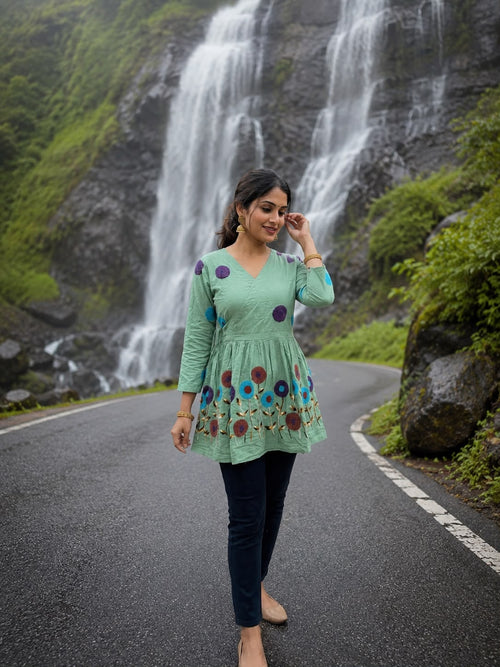 Mint Green Embroidered Cotton Wrap Peplum Kurta