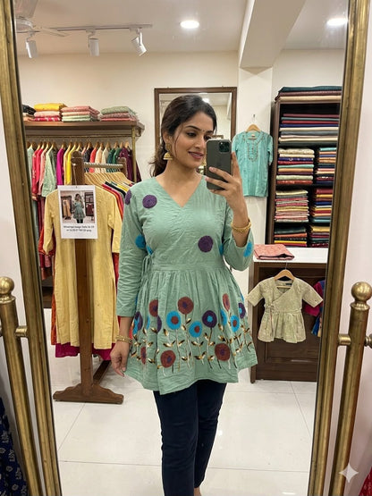 Mint Green Embroidered Cotton Wrap Peplum Kurta