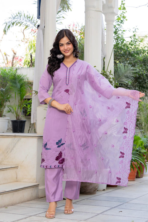 Lavender Embroidered Roman Silk Kurta Pant Dupatta Set