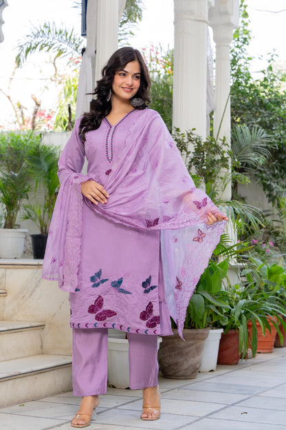 Lavender Embroidered Roman Silk Kurta Pant Dupatta Set