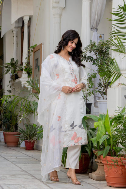 White Embroidered Roman Silk Kurta Pant Dupatta Set