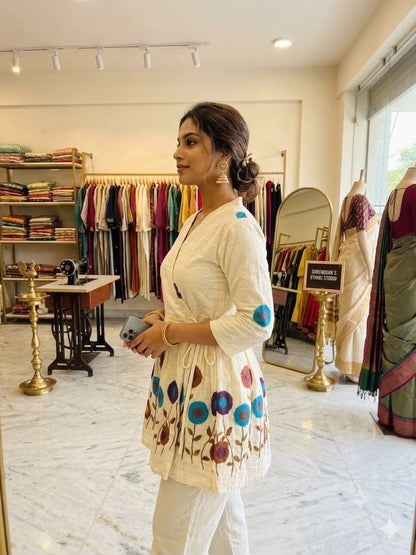 Ivory Embroidered Cotton Wrap Peplum Kurta