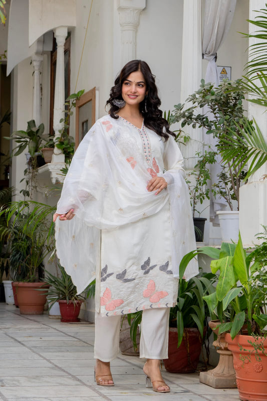 White Embroidered Roman Silk Kurta Pant Dupatta Set