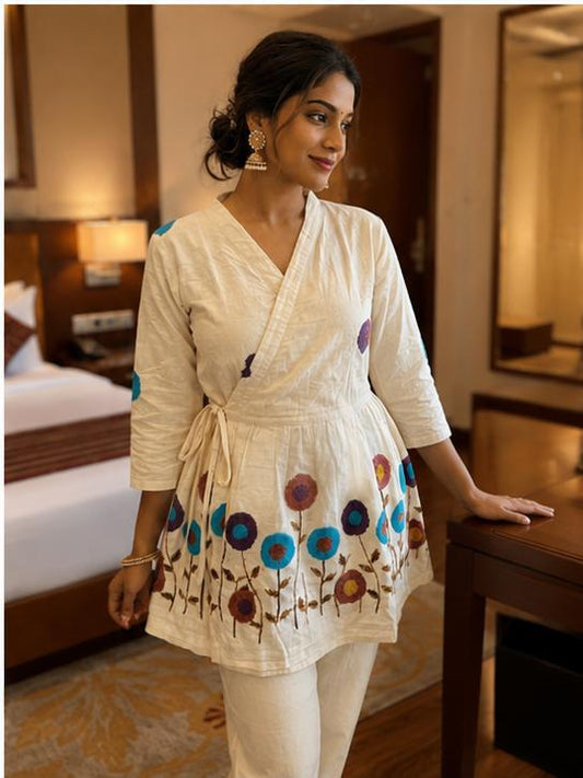 Ivory Embroidered Cotton Wrap Peplum Kurta