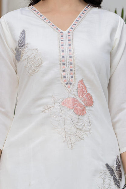 White Embroidered Roman Silk Kurta Pant Dupatta Set