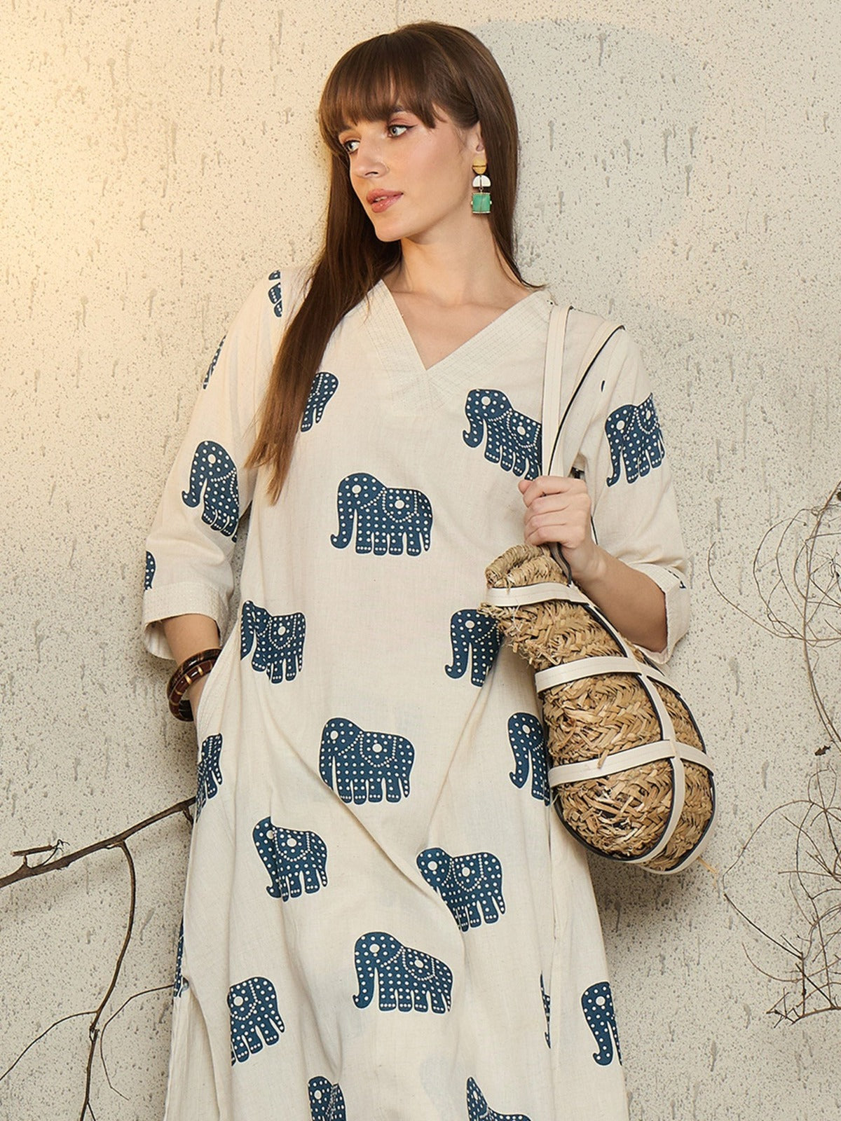 Ivory Elephant Printed Cotton Kurta Set