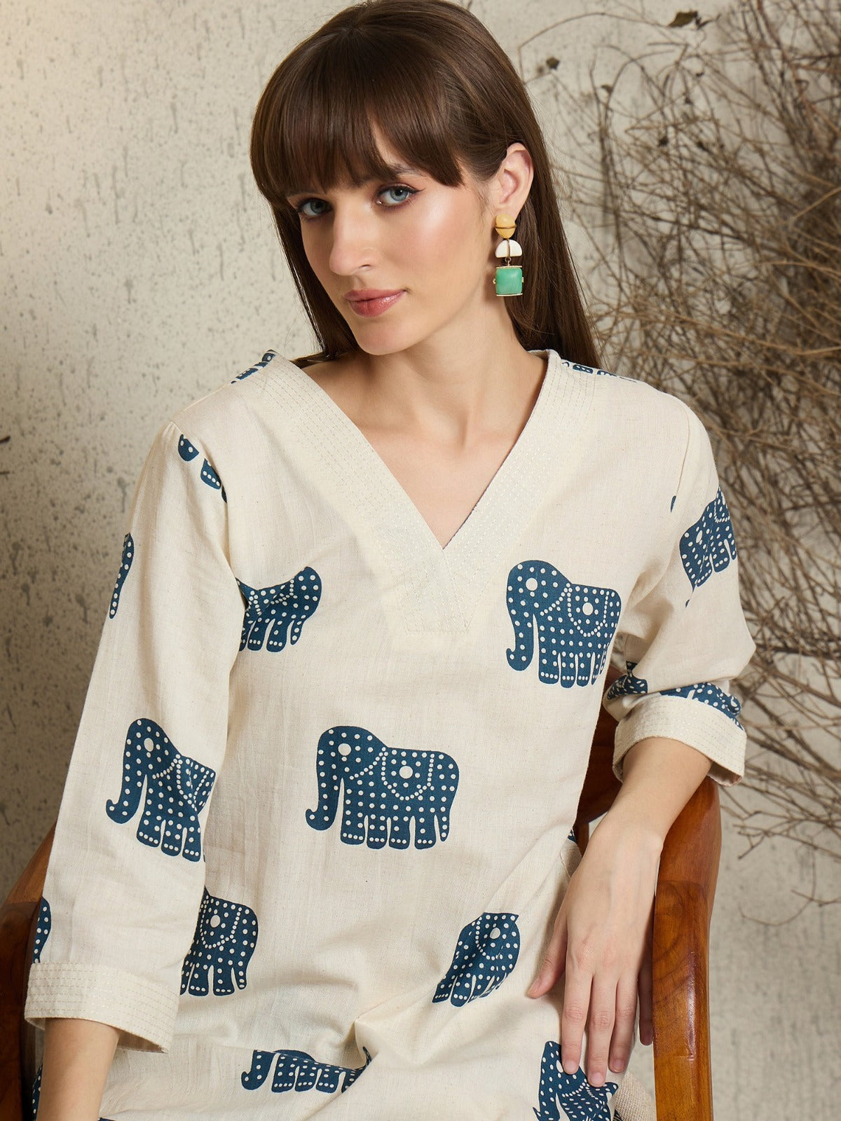Ivory Elephant Printed Cotton Kurta Set