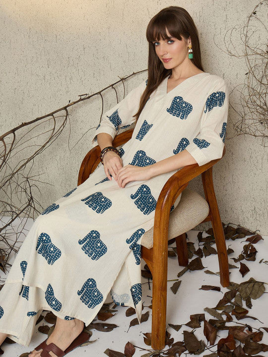 Ivory Elephant Printed Cotton Kurta Set