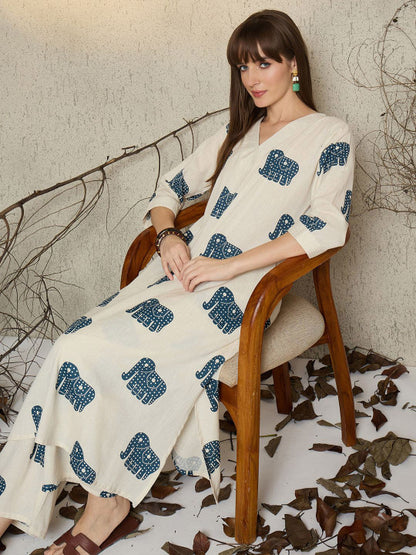 Ivory Elephant Printed Cotton Kurta Set