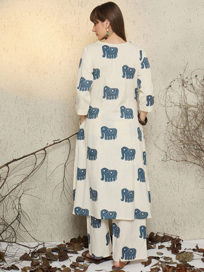 Ivory Elephant Printed Cotton Kurta Set