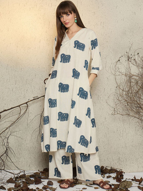 Ivory Elephant Printed Cotton Kurta Set