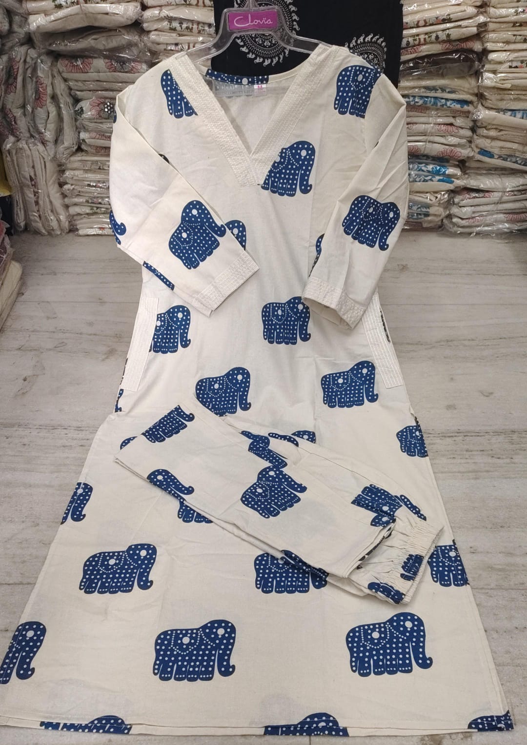 Ivory Elephant Printed Cotton Kurta Set