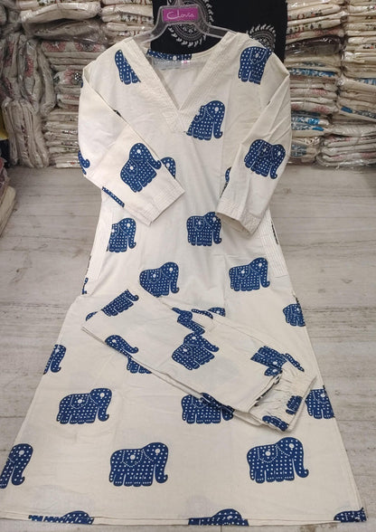 Ivory Elephant Printed Cotton Kurta Set