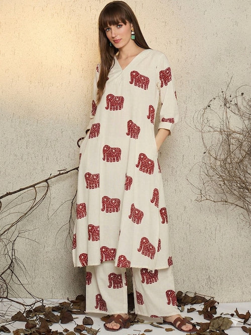 Ivory Red Elephant Printed Cotton Kurta Set
