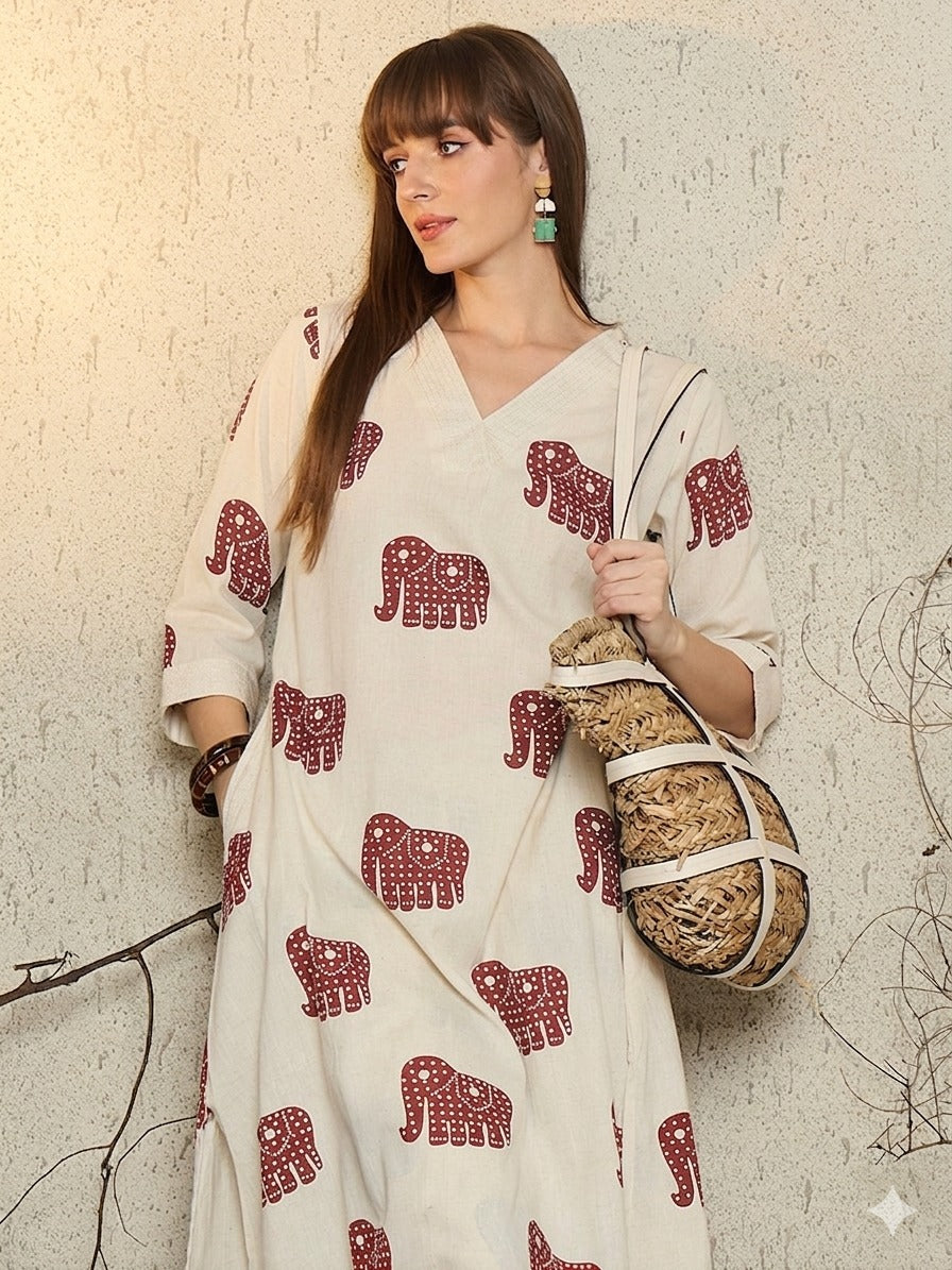Ivory Red Elephant Printed Cotton Kurta Set