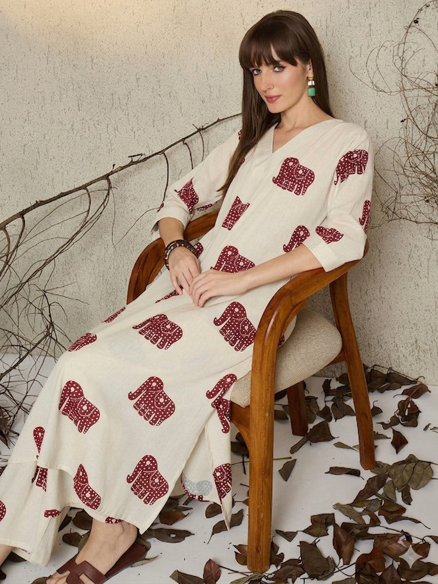 Ivory Red Elephant Printed Cotton Kurta Set