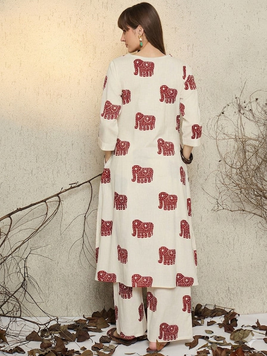 Ivory Red Elephant Printed Cotton Kurta Set