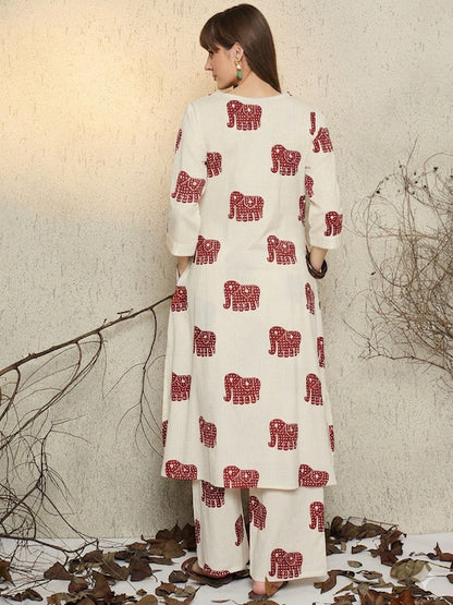 Ivory Red Elephant Printed Cotton Kurta Set