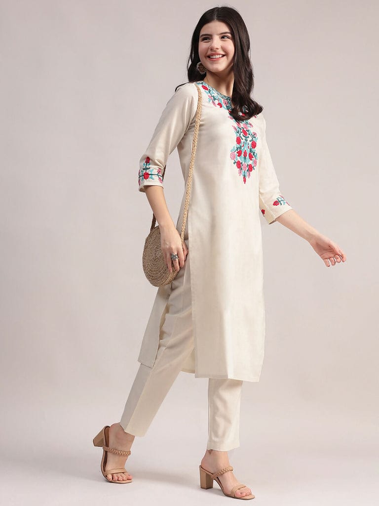 Off White Embroidered Cotton Kurta Pant Set