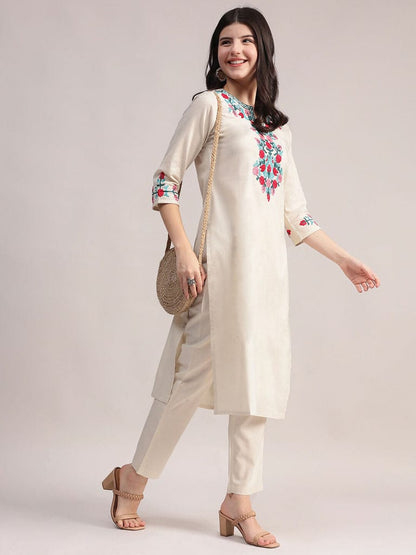 Off White Embroidered Cotton Kurta Pant Set