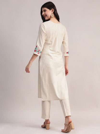 Off White Embroidered Cotton Kurta Pant Set