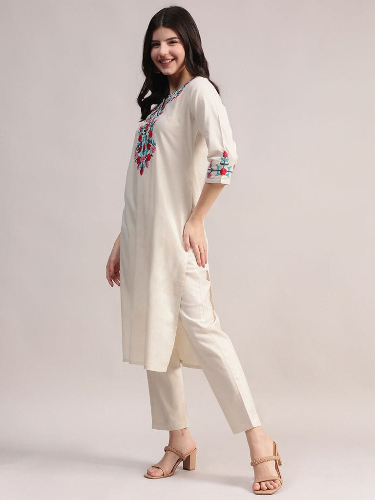 Off White Embroidered Cotton Kurta Pant Set