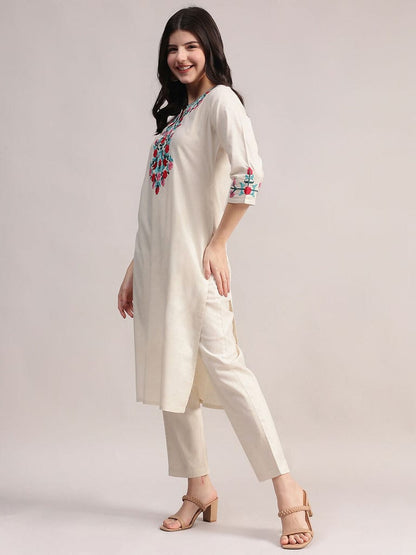 Off White Embroidered Cotton Kurta Pant Set