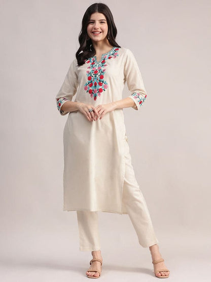 Off White Embroidered Cotton Kurta Pant Set