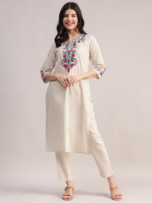 Off White Embroidered Cotton Kurta Pant Set
