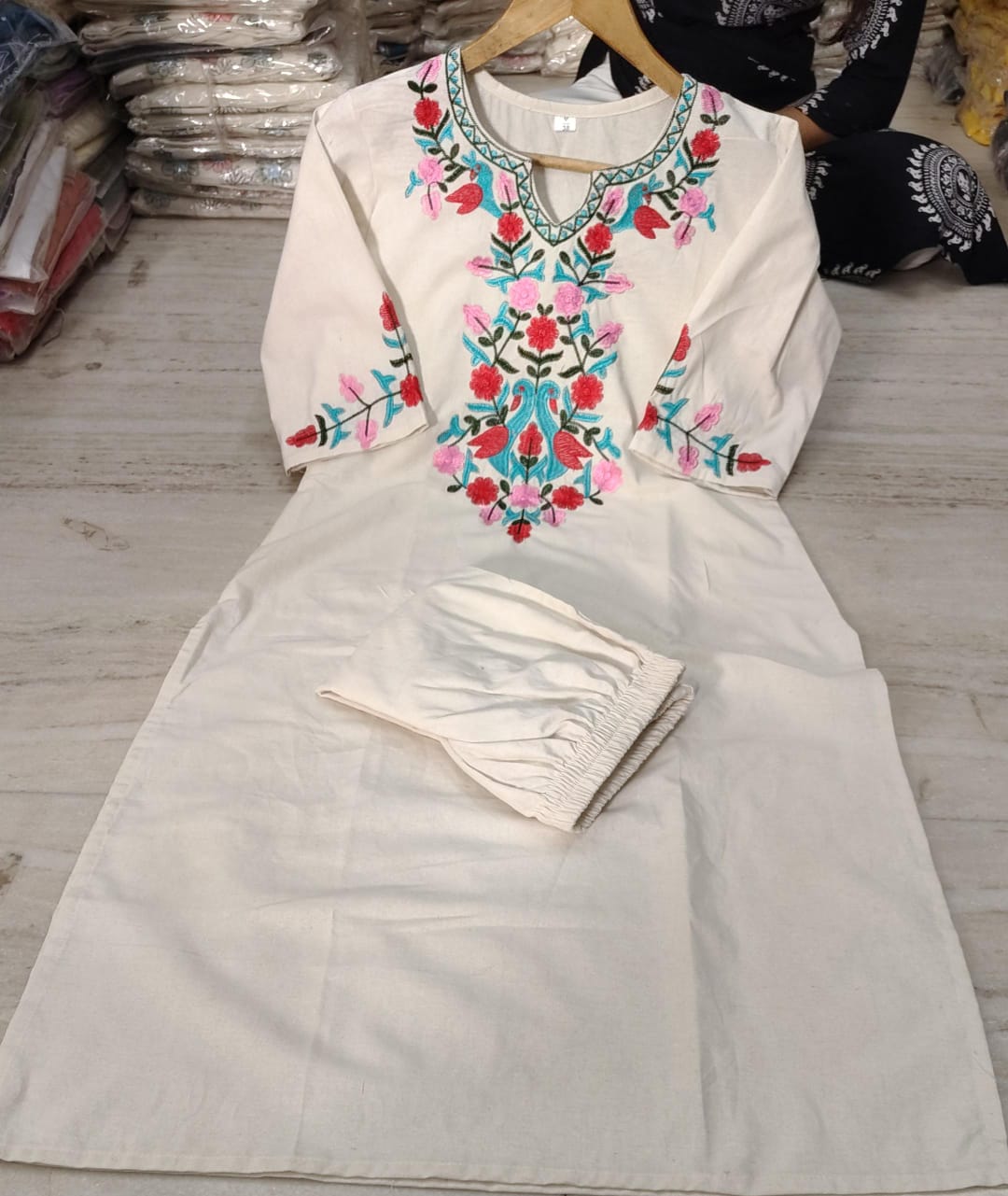 Off White Embroidered Cotton Kurta Pant Set