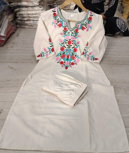 Off White Embroidered Cotton Kurta Pant Set