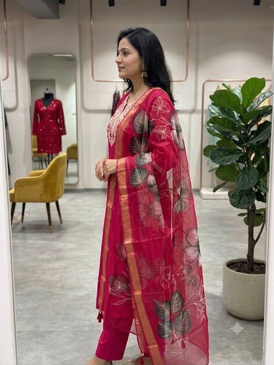 Pink Embroidered Kurta Pant Dupatta Set