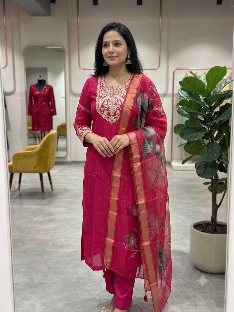 Pink Embroidered Kurta Pant Dupatta Set