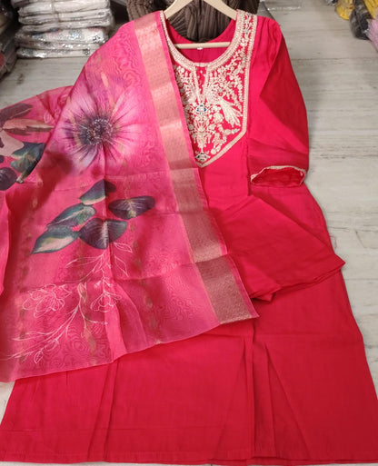 Pink Embroidered Kurta Pant Dupatta Set