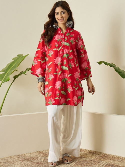 Red Floral Cotton Kurta Farshi Salwar Set